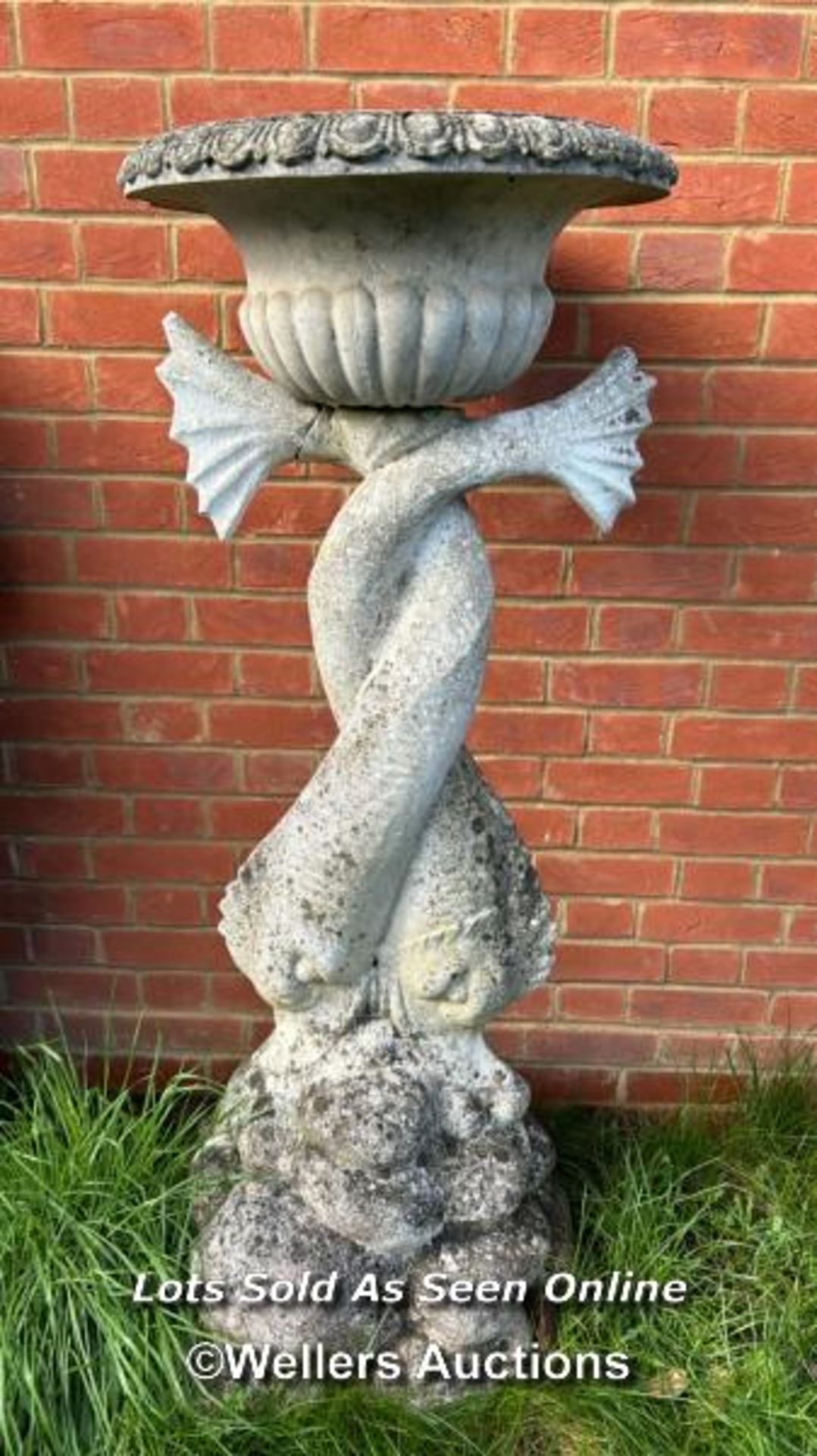 COMPOSITION STATUE OF ENTWINED DOLPHINS WITH ASSOCIATED BOWL, DIAMETER 51CM X HEIGHT 132CM. THIS LOT