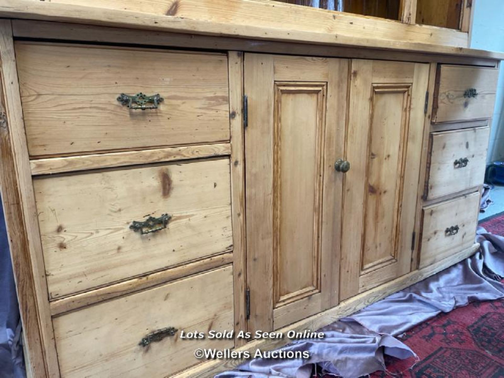 LARGE STRIPPED PINE DRESSER WITH FOUR GLAZED DOORS ON TOP OVER TWO DOORS BELOW AND SIX DRAWERS, - Image 10 of 14