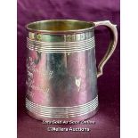 SMALL HALLMARKED SILVER TANKARD BY MARTIN AND HALL CO., INSCRIBED, HEIGHT 7.5CM, WEIGHT 145GMS