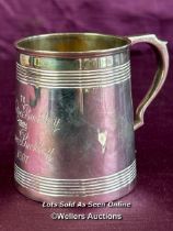 SMALL HALLMARKED SILVER TANKARD BY MARTIN AND HALL CO., INSCRIBED, HEIGHT 7.5CM, WEIGHT 145GMS