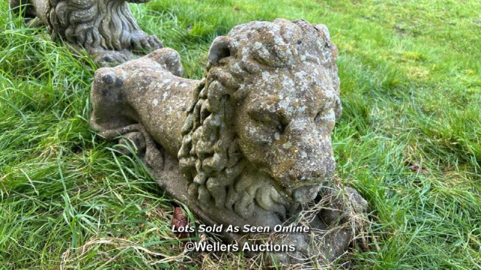 PAIR OF COMPOSITION RECUMBENT LION STATUES, WEATHERED, 70 X 30 X 50CM - Image 5 of 5
