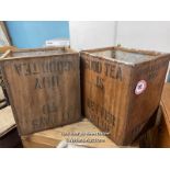 2X WOODEN CRATES, ONE PRINTED AS PHILIBARI UK 149, GOOD TEA IS BETTER VALUE, 60CM (H) X 50CM (W) X
