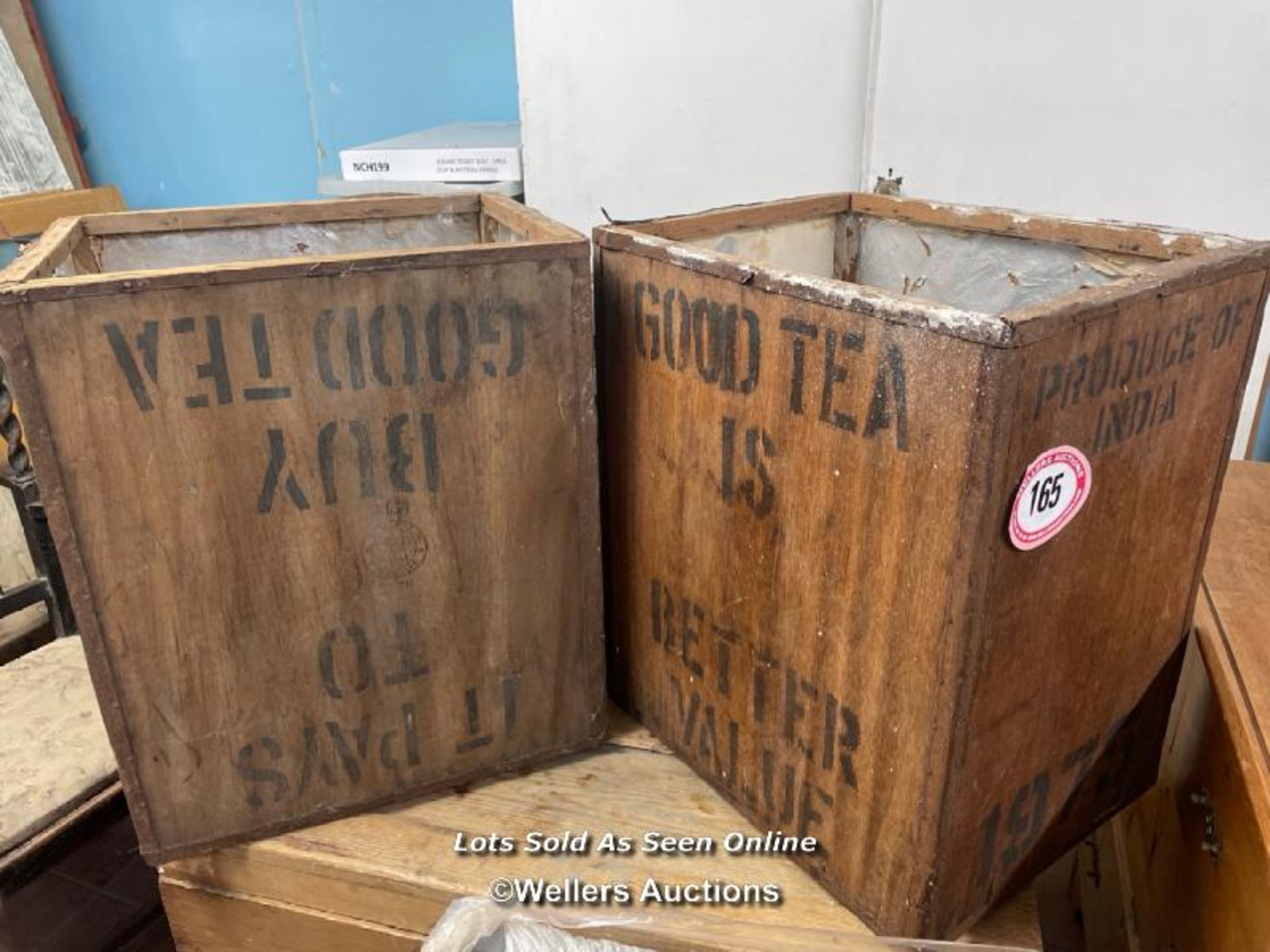 2X WOODEN CRATES, ONE PRINTED AS PHILIBARI UK 149, GOOD TEA IS BETTER VALUE, 60CM (H) X 50CM (W) X