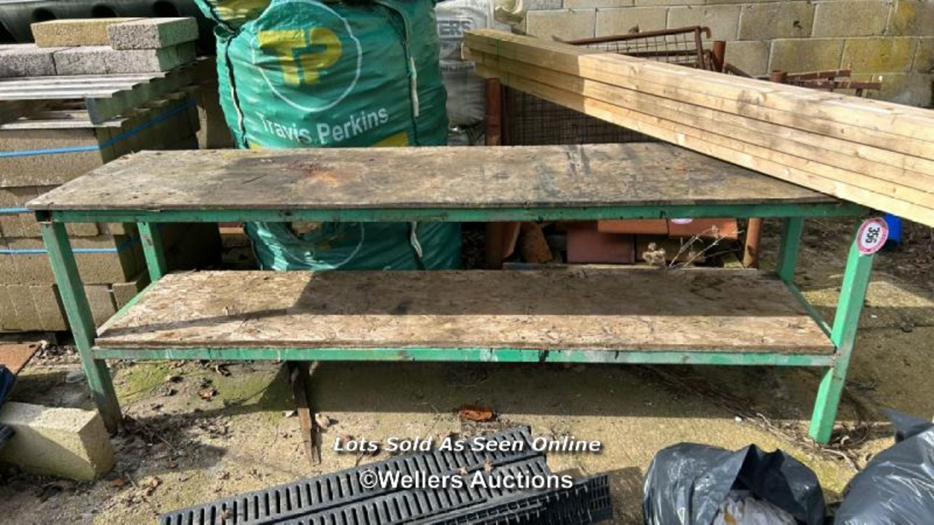 2X TIER STEEL FRAMED WORK BENCH, 243CM (L) X 61CM (D) X 87CM (H)