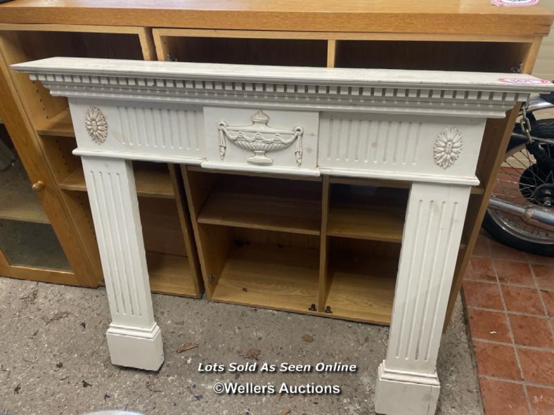 ORNATE WOODEN FIRE PLACE SURROUND, 130CM (W) X 107.5CM (H) X 19CM (D)