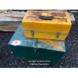2X TOOLBOXES, GREEN ONE EMPTY, YELLOW FULL OF ASSORTED HARDWARE