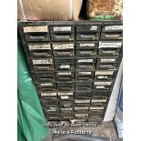 VINTAGE METAL STORAGE CABINET, 40X COMPARTMENTS, TO INCL. ASSORTMENT OF NUTS, BOLTS, WASHERS ETC.
