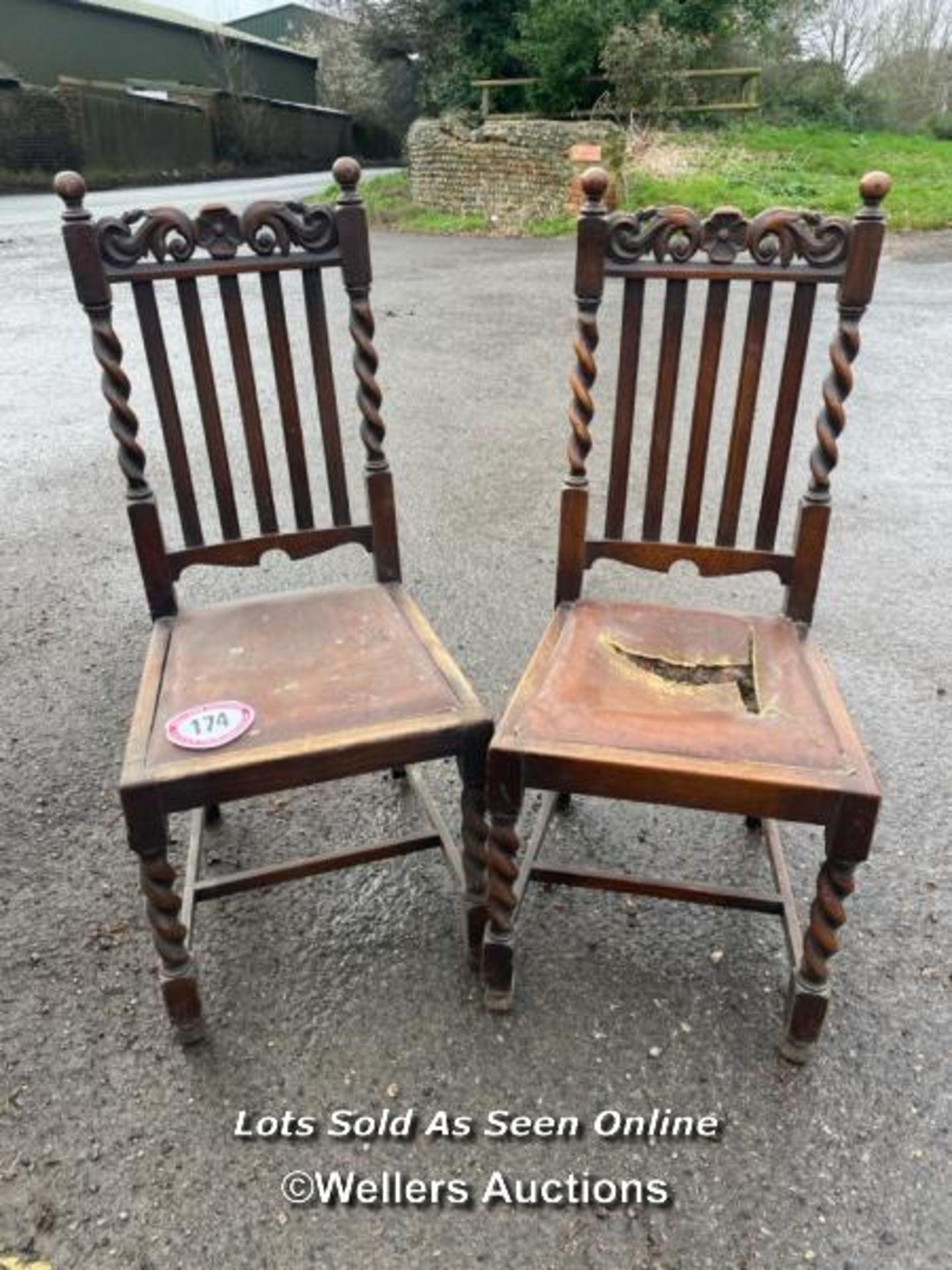 PAIR OF MATCHING DINING ROOM CHAIRS WITH LEATHER UPHOLSTERY AND BARLEY TWIST FRAME, 107CM (H) X 45CM