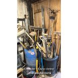 LARGE QUANTITY OF ASSORTED TOOLS INCL. PICK AXES, SHOVELS, BROOMS, GARDEN FORKS, WRECKING BARS AND