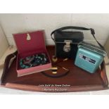 VINTAGE INLAID TEA TRAY, BOX OF COSTUME JEWELLERY AND A COWLEY AUTOMATIC LEVEL