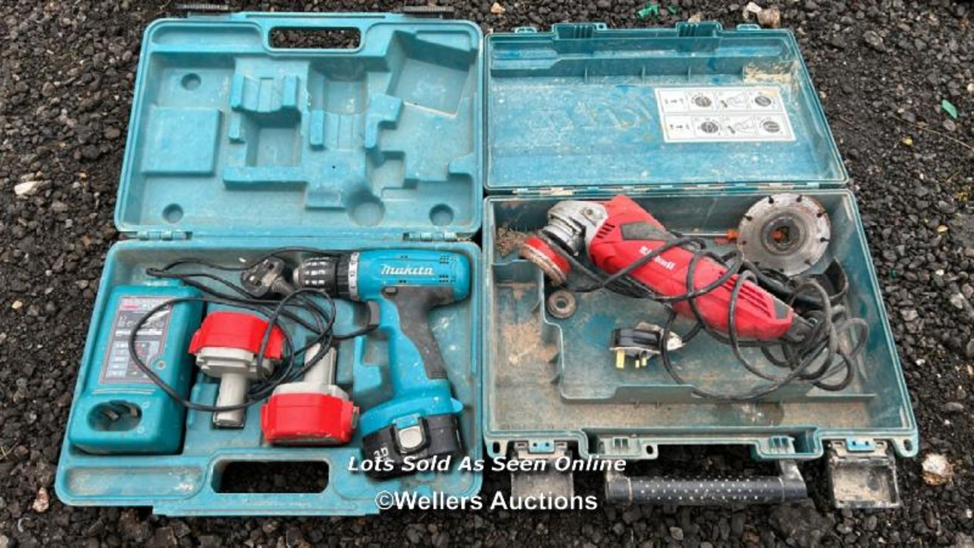 2X POWER TOOLS, INCL. MAKITA 6280D (INCL. 2X BATTERIES AND CHARGER), EINHELL 4" GRINDERETTE