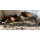 HEAVY CAST IRON POT, CAST IRON FENDER 120CM (W) X 25CM (H) X 30CM (D), COAL SCUTTLE, AND GRATE