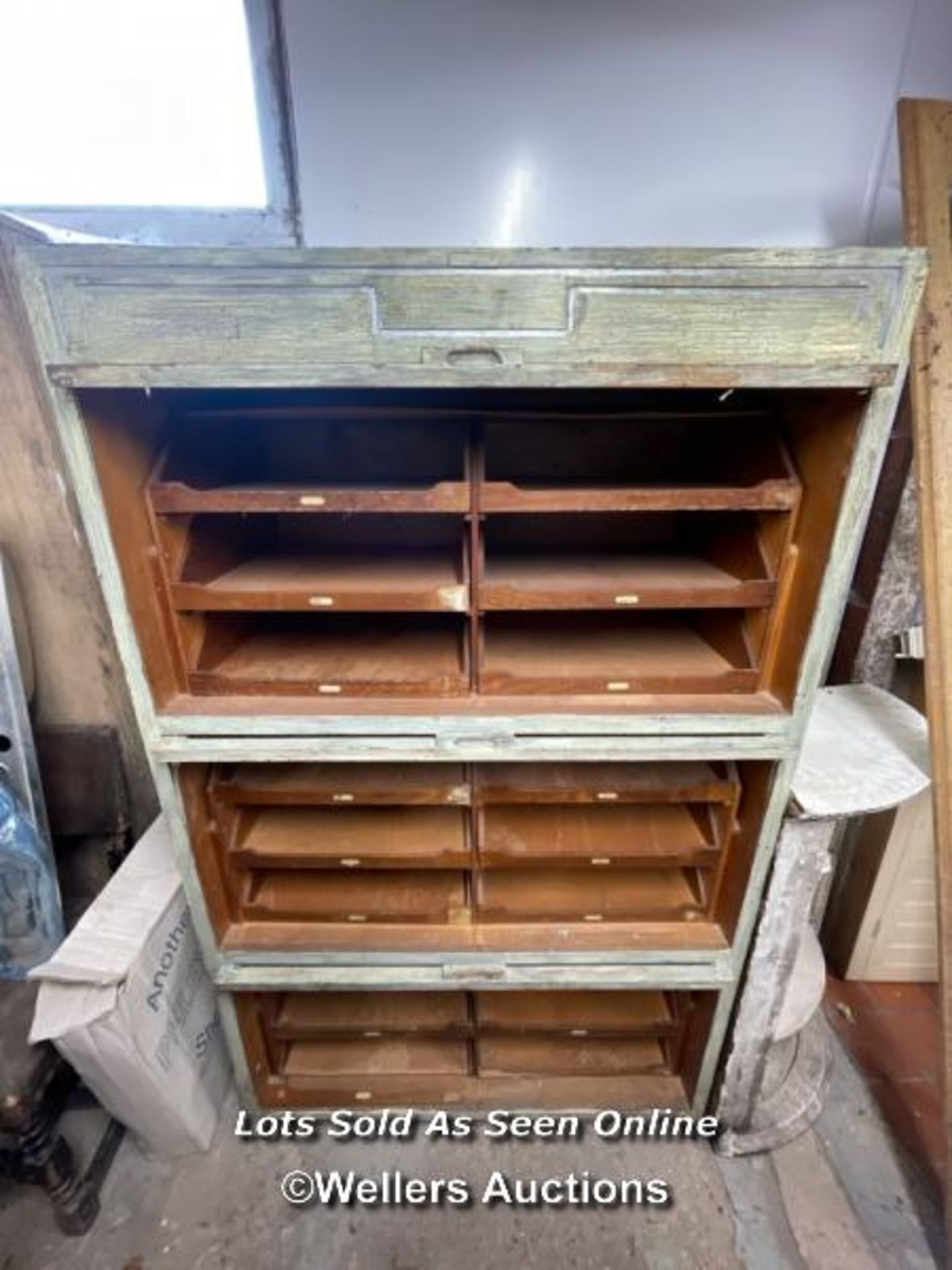 HABERDASHERY CABINET, ONE DAMAGED PANE OF GLASS, 165.5CM (H) X 100CM (W) X 48CM (D)