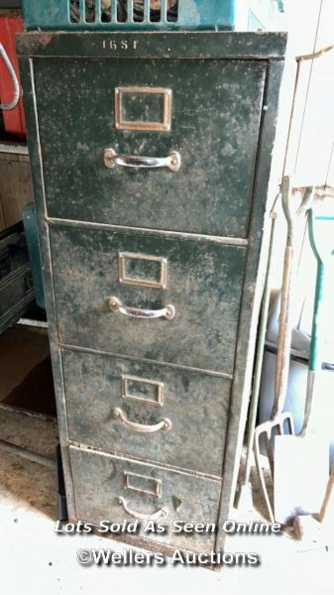VINTAGE FOUR DRAWER METAL FILING CABINET, IN MILITARY GREEN, 132CM (H) X 48CM (W) X 68CM (D)