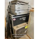 3X FLIGHT CASES AND X6 VARIOUS LIDS WITH X4 SPEAKER TRIPODS