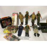 Assorted Action Man figures, mostly modern with spare boots, lunch box, watch and vintage patrol
