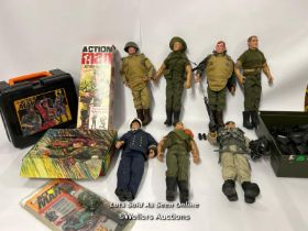 Assorted Action Man figures, mostly modern with spare boots, lunch box, watch and vintage patrol