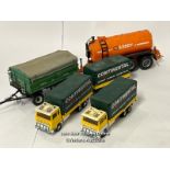 Two Matchbox Lesney Ford 'H' series trucks with one matching trailer, Branter 1:32 scale trailer and