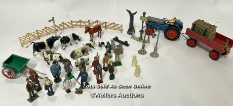 Collection of mainly Britain's farming figures including animals, tractor, fences and lampposts /