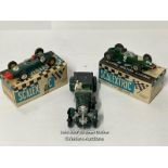 Three vintage Scalextric cars including boxed C-66 Cooper, boxed C-67 sports car and unboxed Bentley