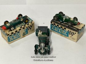 Three vintage Scalextric cars including boxed C-66 Cooper, boxed C-67 sports car and unboxed Bentley