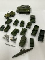 Assorted diecast military vehicles including Dinky Shadow 2, Dinky Scout Cars, Dinky P.I.B.