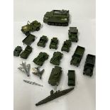 Assorted diecast military vehicles including Dinky Shadow 2, Dinky Scout Cars, Dinky P.I.B.