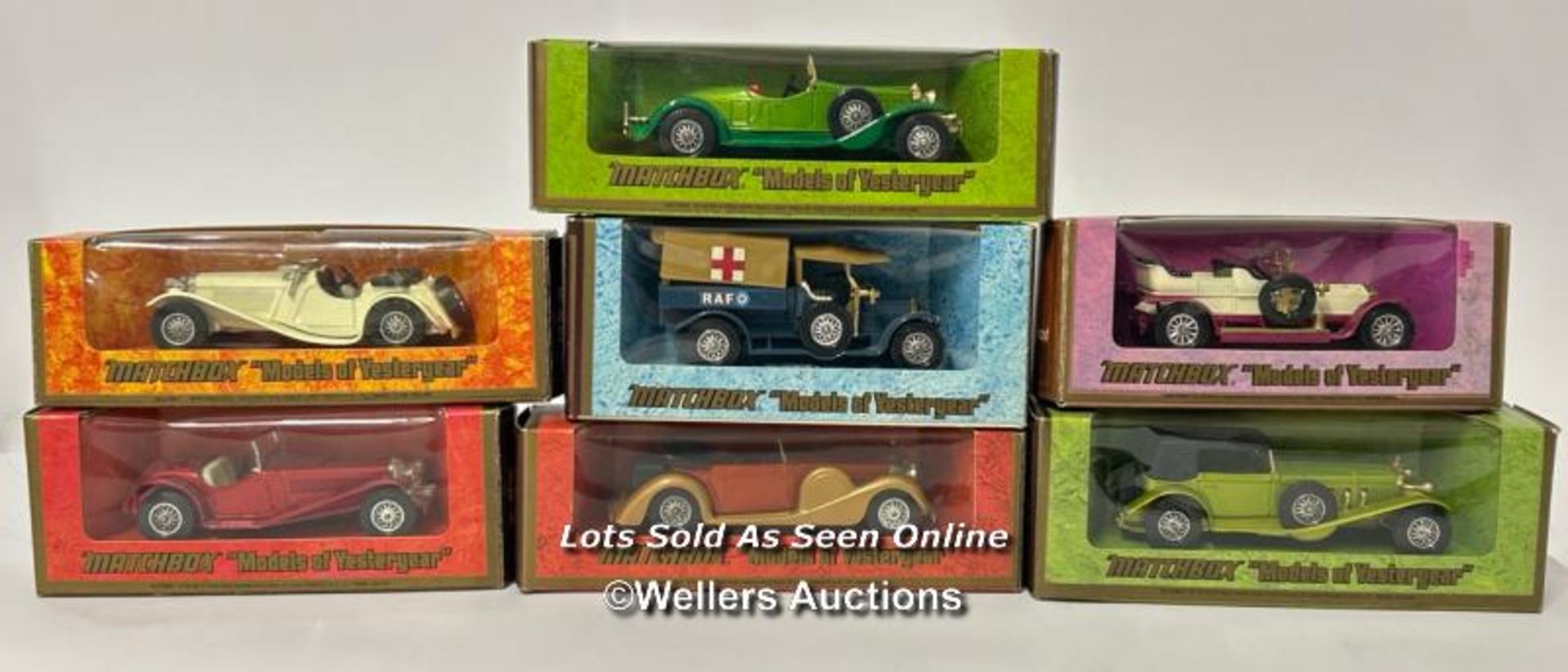Group of seven boxed Matchbox Models of Yesteryear cars to include 1931 Stutz Bearcat