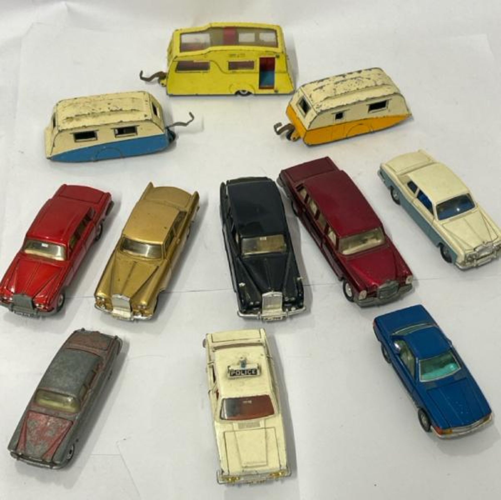 Unboxed Dinky & Corgi cars and caravans including Corgi Silver Shadow Rolls Royce and Dinky Rolls
