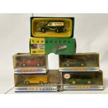 Four Dinky diecast cars and one Vanguards van including 1968 Jaguar E-type and 1973 Ferrari / AN3