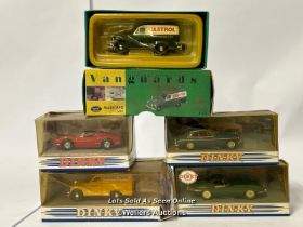 Four Dinky diecast cars and one Vanguards van including 1968 Jaguar E-type and 1973 Ferrari / AN3