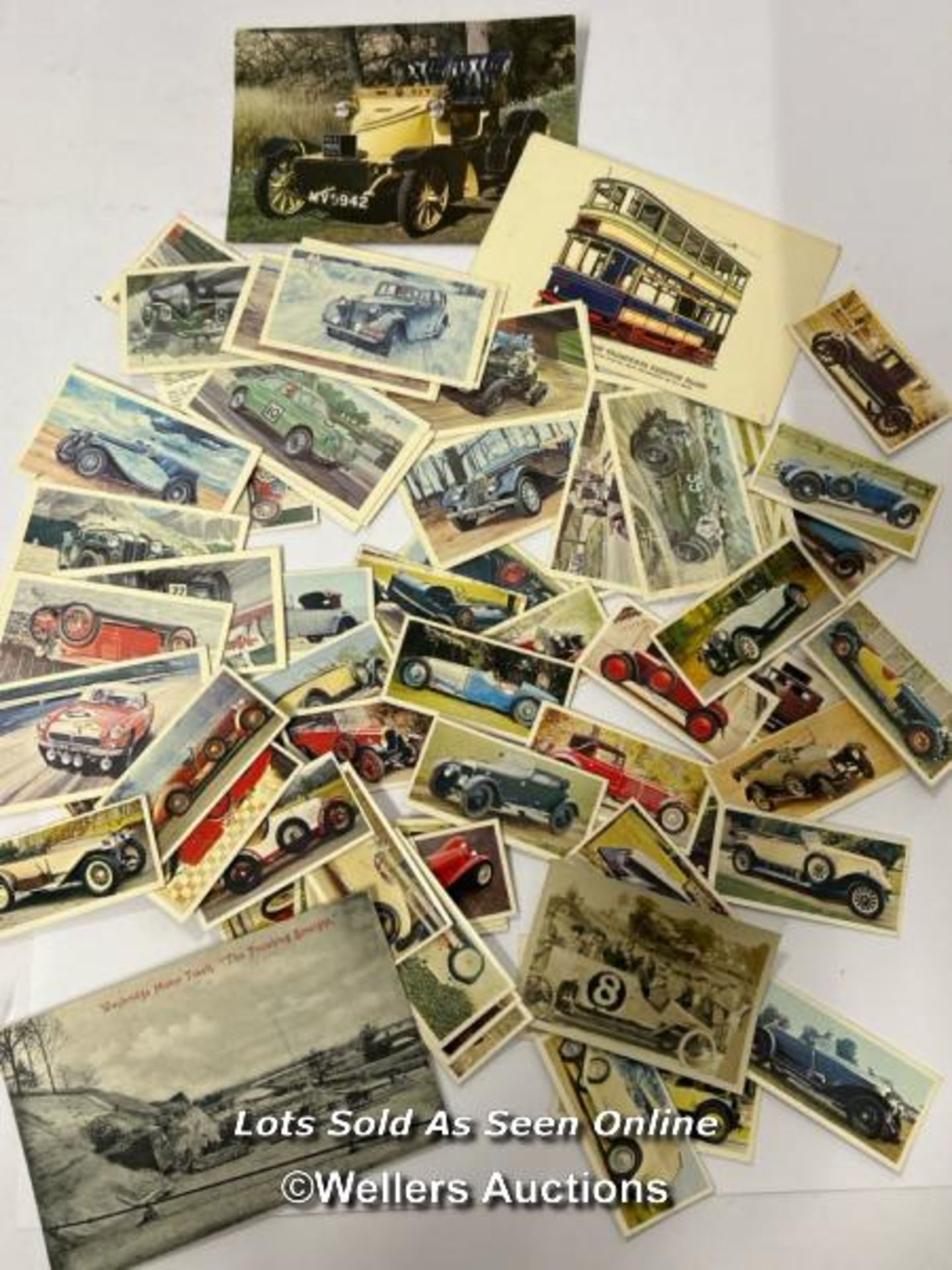 Collection of assorted classic car picture cards, postecards and a photograph of Capt Nash