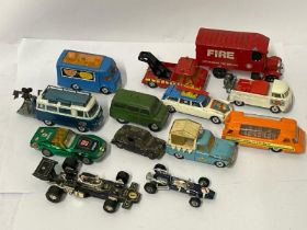 Unboxed Corgi group including sports cars, vans and fire engine (13) / AN15