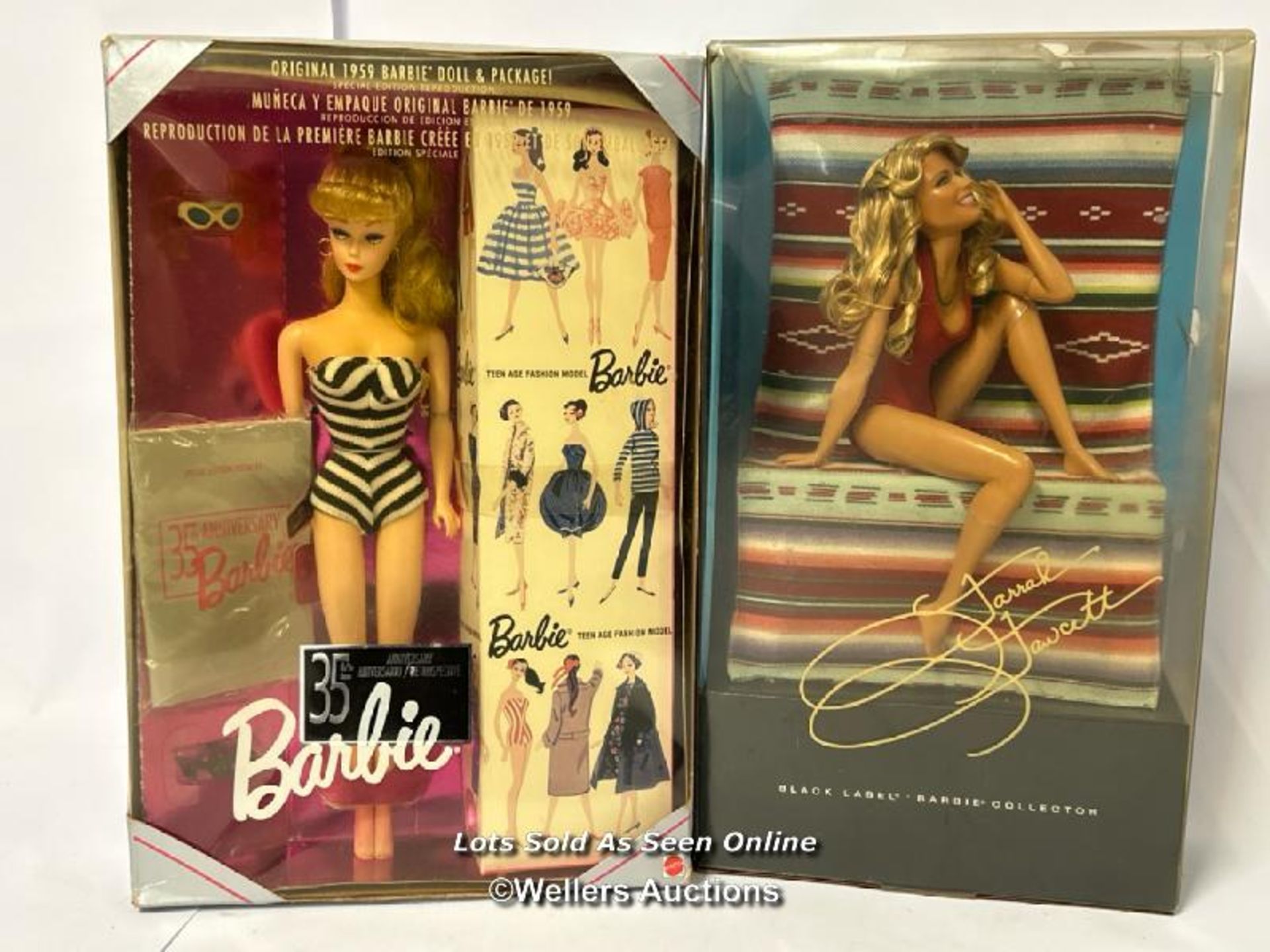 Barbie Collector, Farrah Fawcett doll V7161, 2010 and 30th Anniversary doll 11590, 1993, both