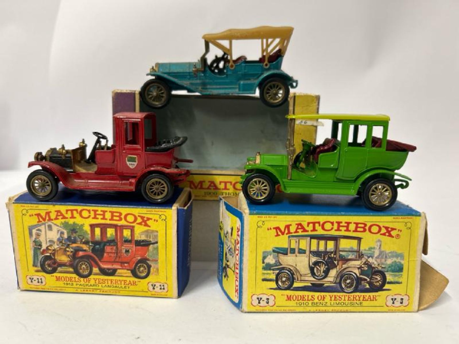 Three Matchbox Models of Yesteryear cars, Y-3 good condition one loose seat, Y-11 missing front