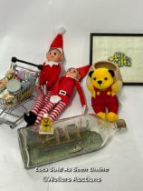 Small collection of mixed toys including M&S miniature shopping trolly with food, elf on a shelf