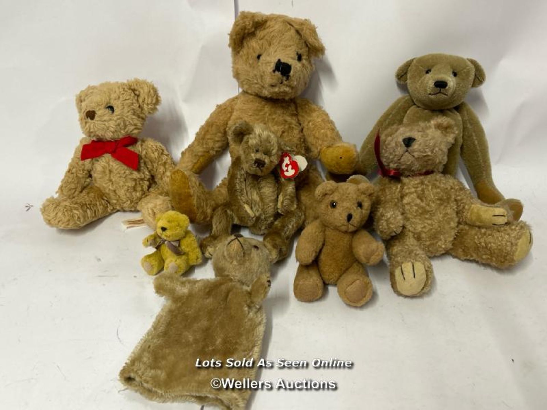 Seven assorted teddy bears including one TY "Birch" and a teddy bear hand puppet / AN10