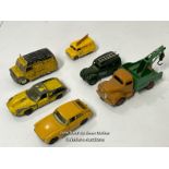 Six assorted Corgi & Dinky diecast cars including Lotus Europa, MGB-GT and Commer pick up truck /