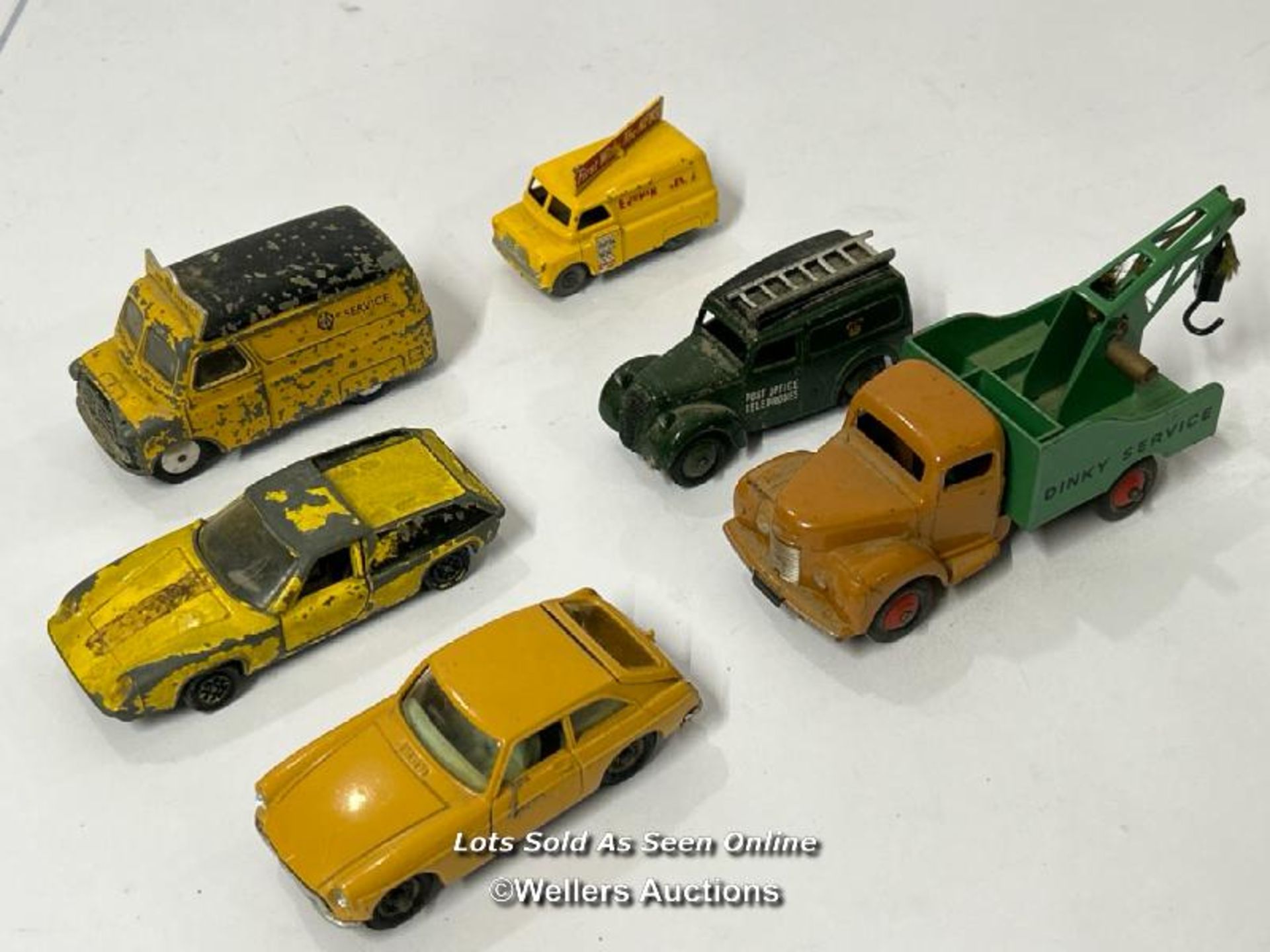 Six assorted Corgi & Dinky diecast cars including Lotus Europa, MGB-GT and Commer pick up truck /