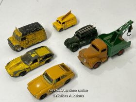 Six assorted Corgi & Dinky diecast cars including Lotus Europa, MGB-GT and Commer pick up truck /