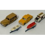 Assorted unboxed model cars including Dinky, Ambassador and Corgi with Lesnsey boats and trailers