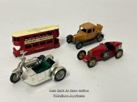 Four Lesney Models of Yesteryear diecast vehicles to include 1914 Sunbeam motorcycle and side car