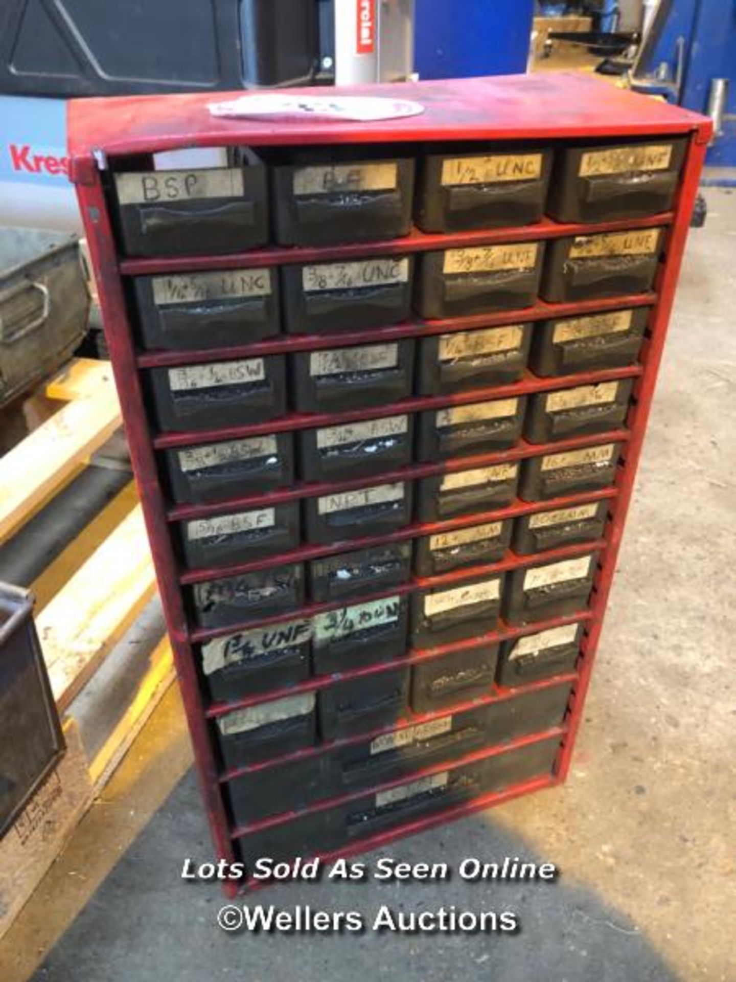 32X DRAWER METAL STORAGE CABINET, FULL OF ASSORTED DIES AND MORE