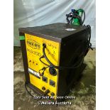 MAX ARC MIG 200 3 PHASE WELDER, CONTENTS INCL. WIRE, FACE SHIELD, AND GAS BOTTLE, IN WORKING ORDER