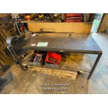 LARGE METAL FRAME BENCH WITH MDF TOP, WITH ATTACHED VICE