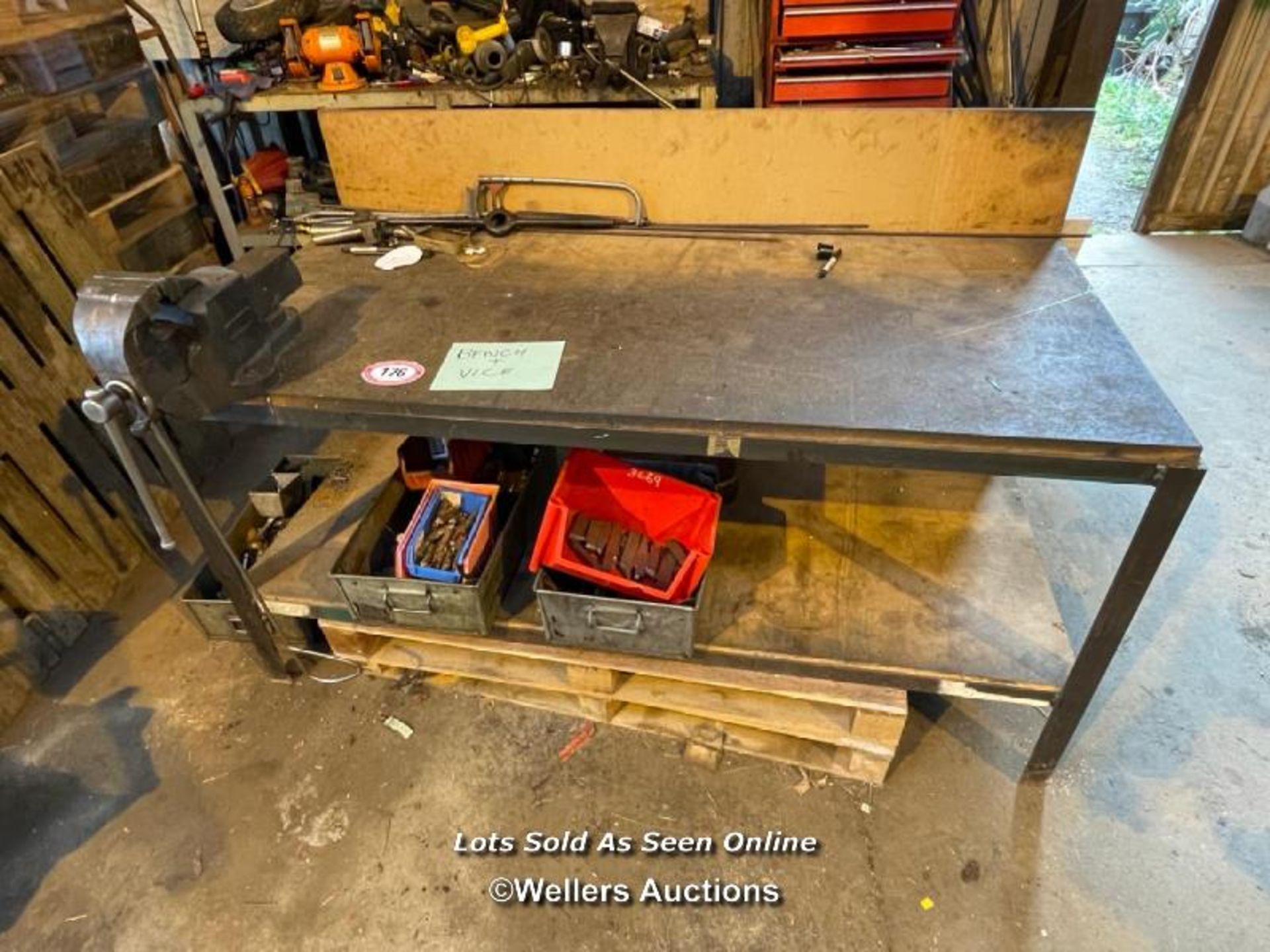 LARGE METAL FRAME BENCH WITH MDF TOP, WITH ATTACHED VICE