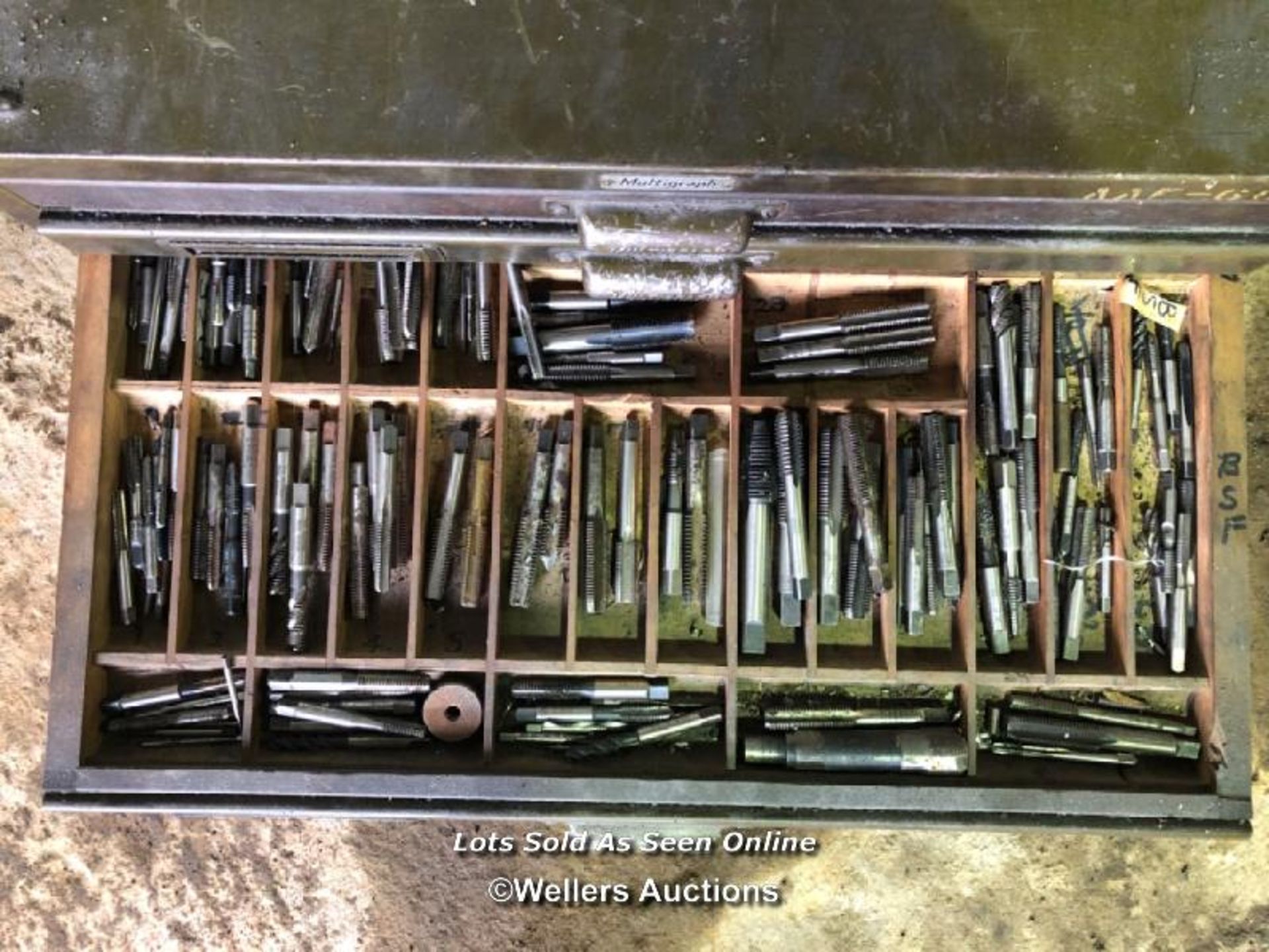 MULTIGRAPH SIX DRAWER METAL STORAGE CHEST, CONTENTS INCL. ROLL TAPS, CUT TAPS AND DRILLS, IMPERIAL - Image 3 of 3