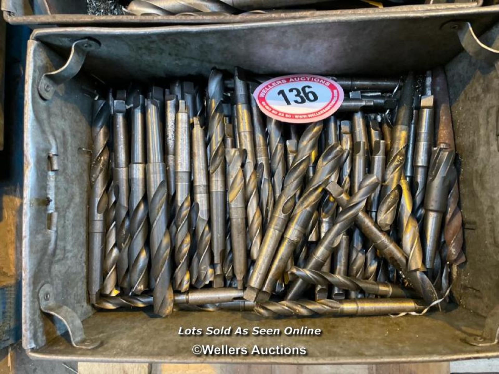 TWO TRAYS, LARGE QUANTITY OF TAPER SHANK DRILLS, NO.2 MORSE