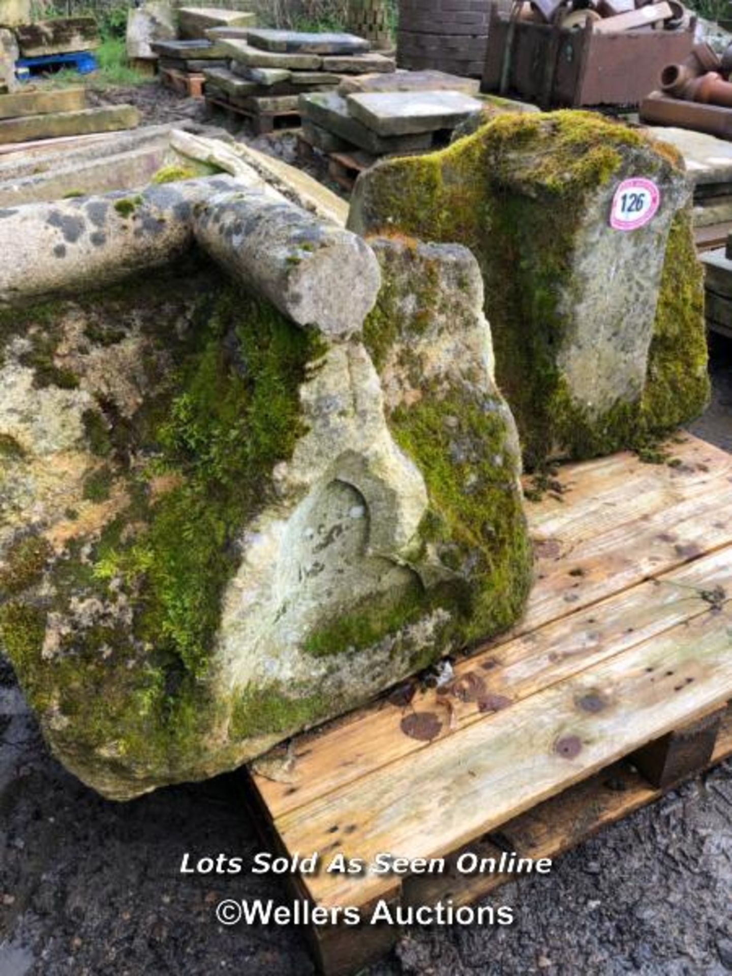 PAIR OF STONE PIER CAPS WITH CRUCIFORM DESIGN TOP, SOME RESTORATION REQUIRED, EACH APPROX. 63CM H