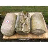 THREE STONE OR CONCRETE BOLLARDS aka JOSTLE STONES, EACH APPROX. 60CM H